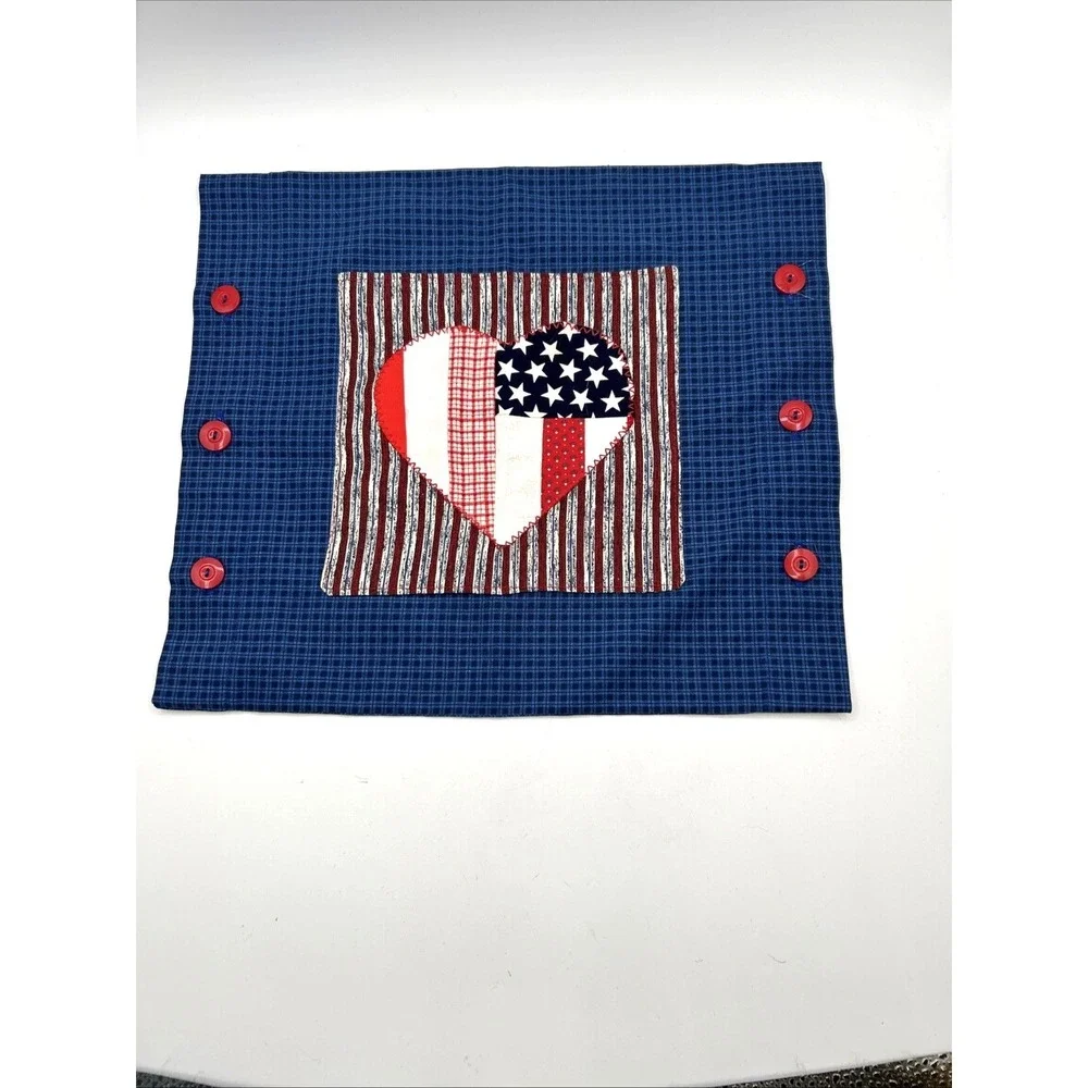 Handmade Patriotic Heart Pillow Cover Small Blue Americana Gingham Button Decor